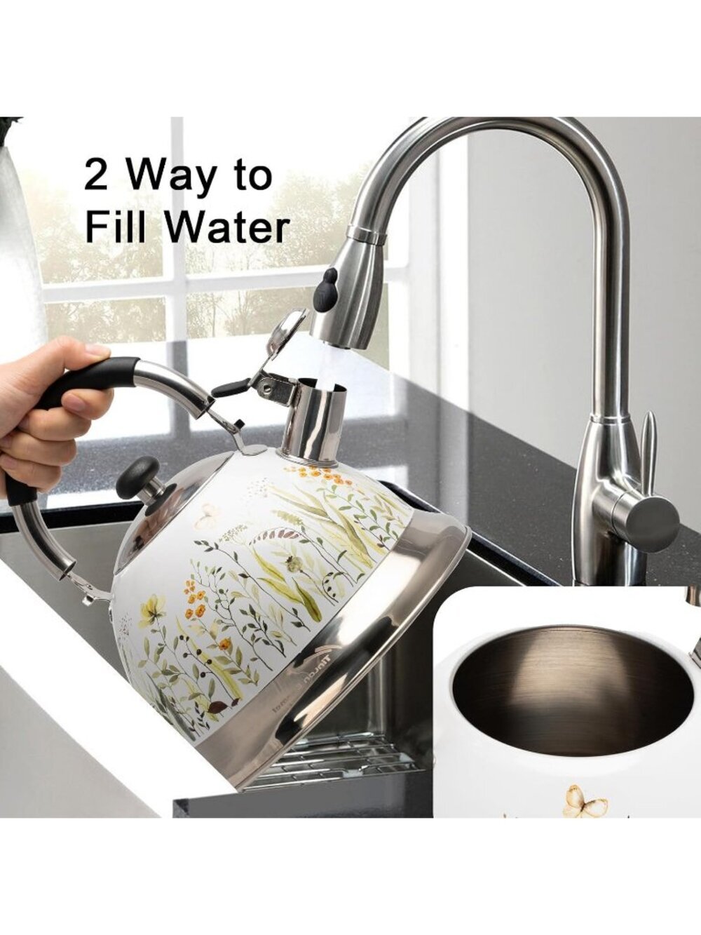 White Field Flower 304 Stainless Steel Whistling Tea Kettle 3.1 Quart Stovetop - Picture 5 of 6